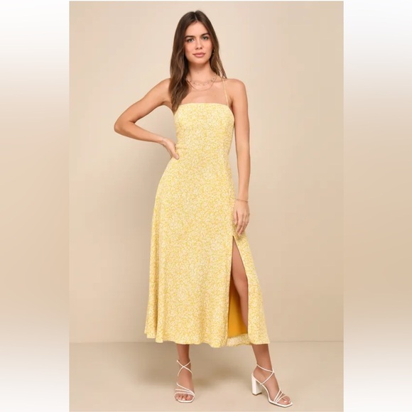 Lulus Dresses & Skirts - Lulu’s Charming Dedication Yellow Floral Sleeveless Lace-Up Midi Dress